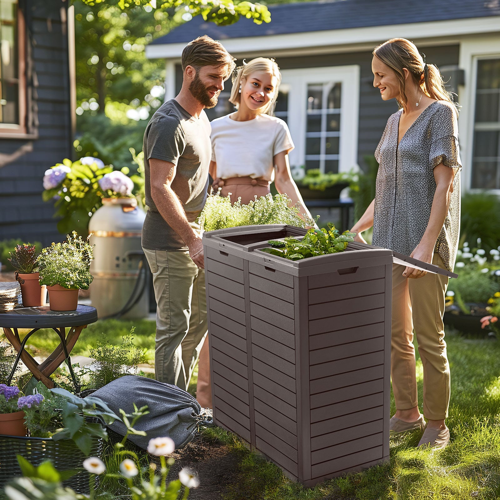 VBAL 62 Gallon Outdoor Trash Can,Waterproof Garbage Can with Tiered Lid and Drip Tray,Resin Outside Trash Bin for Patio,Backyard,Deck