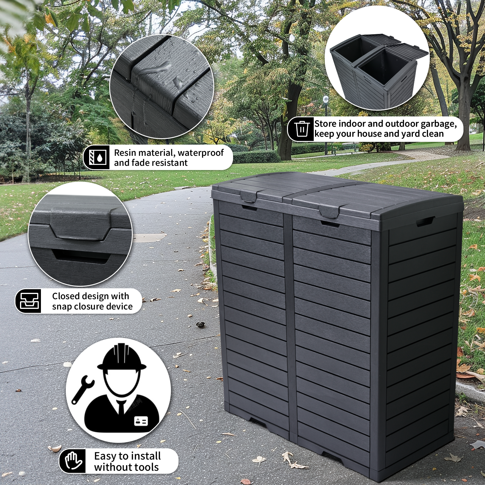 VBAL 62 Gallon Outdoor Trash Can,Waterproof Garbage Can with Tiered Lid and Drip Tray,Resin Outside Trash Bin for Patio,Backyard,Deck