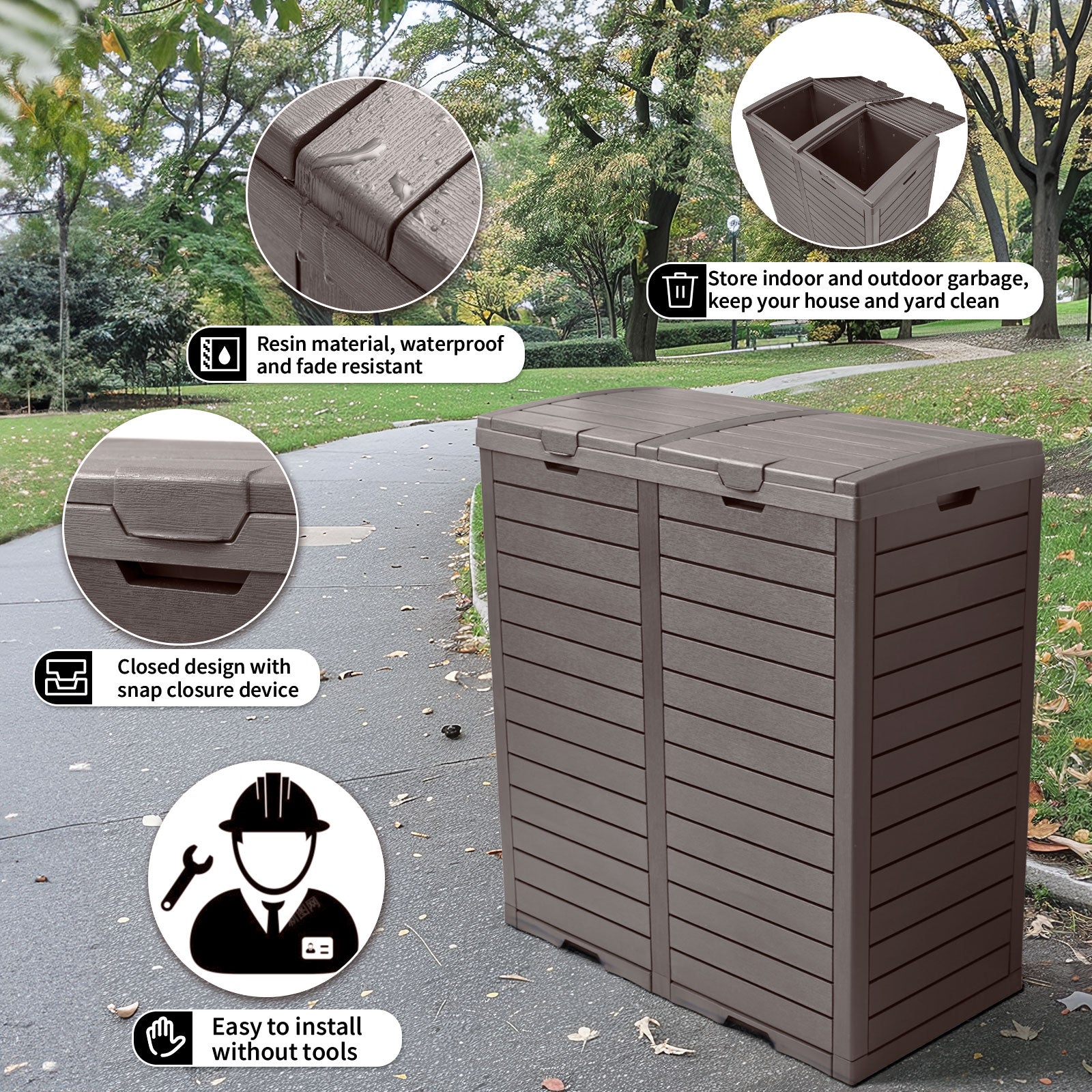 VBAL 62 Gallon Outdoor Trash Can,Waterproof Garbage Can with Tiered Lid and Drip Tray,Resin Outside Trash Bin for Patio,Backyard,Deck
