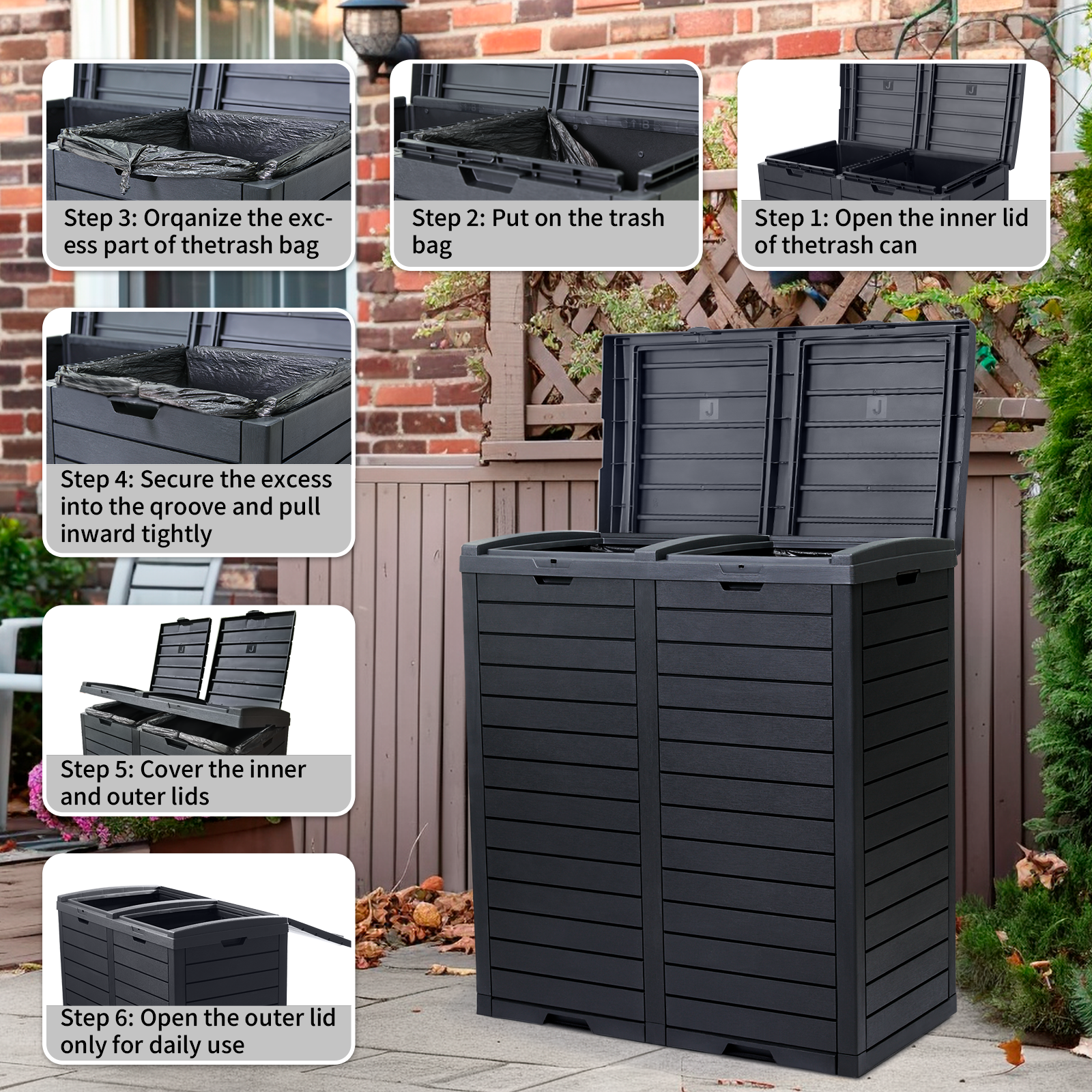 VBAL 62 Gallon Outdoor Trash Can,Waterproof Garbage Can with Tiered Lid and Drip Tray,Resin Outside Trash Bin for Patio,Backyard,Deck