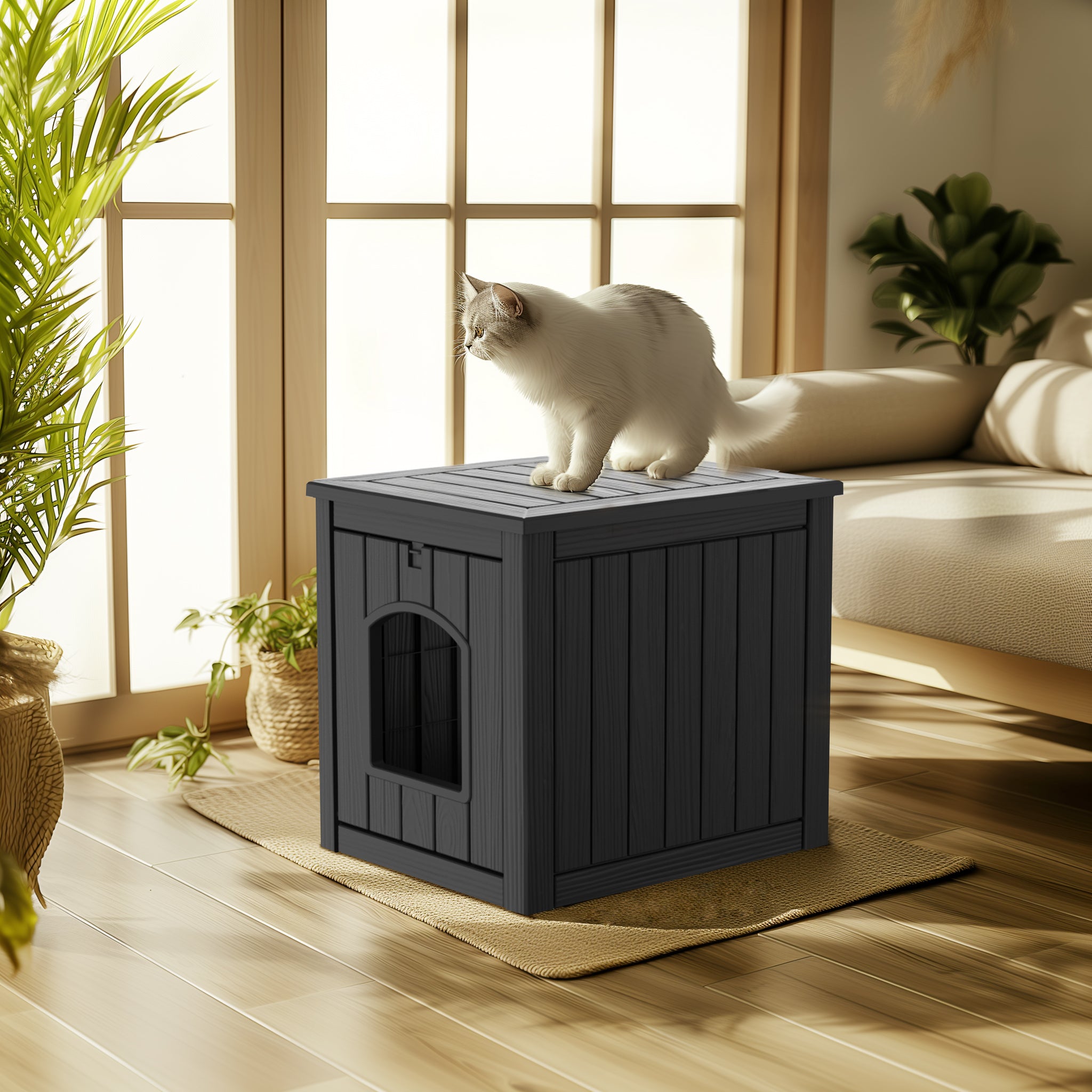 VBAL Cat Litter Box Furniture,Cat Washroom Litter Box Enclosure,Wooden Cat House Nightstand End Table,Indoor Cat Furniture Cabinet Pet Crate Black
