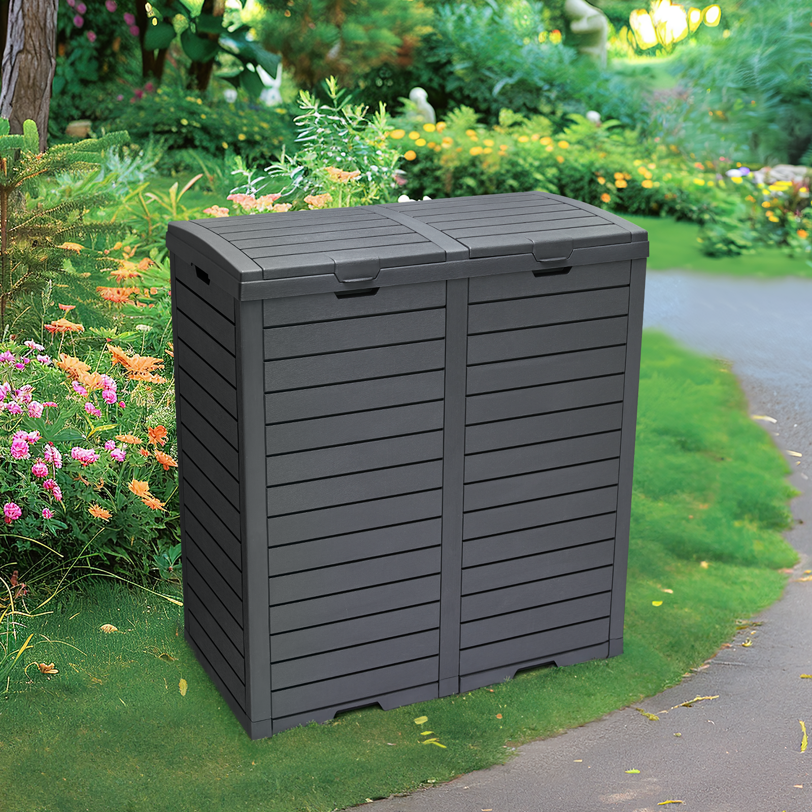 VBAL 62 Gallon Outdoor Trash Can,Waterproof Garbage Can with Tiered Lid and Drip Tray,Resin Outside Trash Bin for Patio,Backyard,Deck