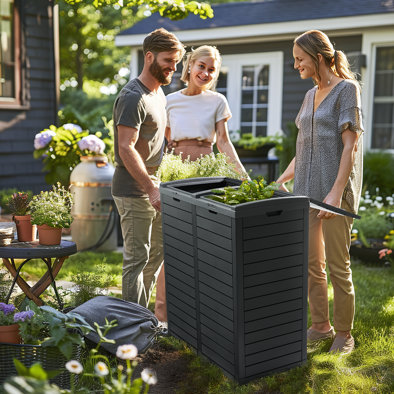 VBAL 62 Gallon Outdoor Trash Can,Waterproof Garbage Can with Tiered Lid and Drip Tray,Resin Outside Trash Bin for Patio,Backyard,Deck