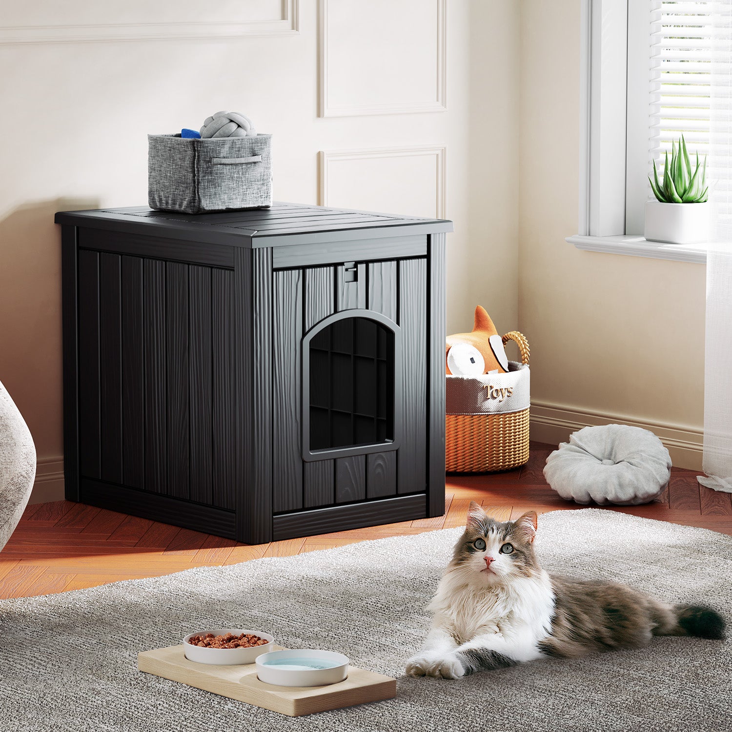 VBAL Cat Litter Box Furniture,Cat Washroom Litter Box Enclosure,Wooden Cat House Nightstand End Table,Indoor Cat Furniture Cabinet Pet Crate Black