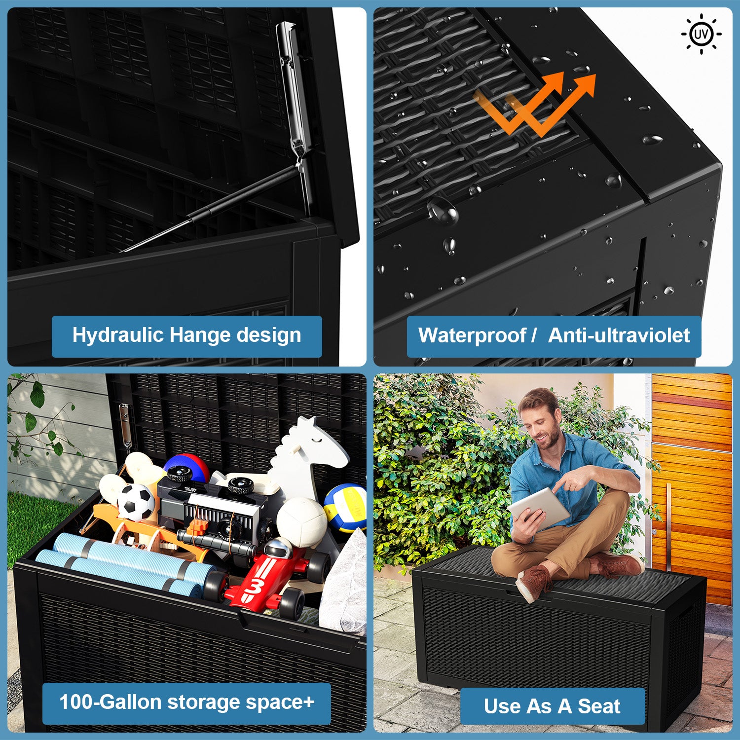 VBAL 100 gallon recyclable eco-friendly resin + rattan material storage Deck Box
