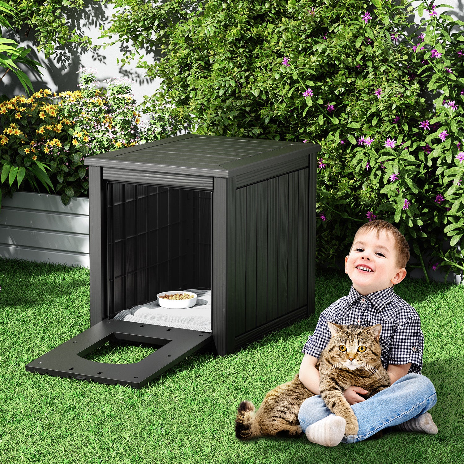 VBAL Cat Litter Box Furniture,Cat Washroom Litter Box Enclosure,Wooden Cat House Nightstand End Table,Indoor Cat Furniture Cabinet Pet Crate Black