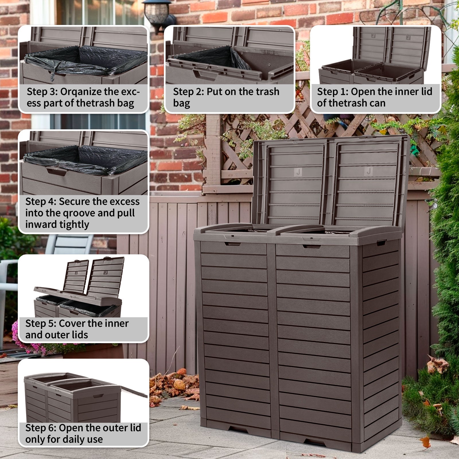 VBAL 62 Gallon Outdoor Trash Can,Waterproof Garbage Can with Tiered Lid and Drip Tray,Resin Outside Trash Bin for Patio,Backyard,Deck