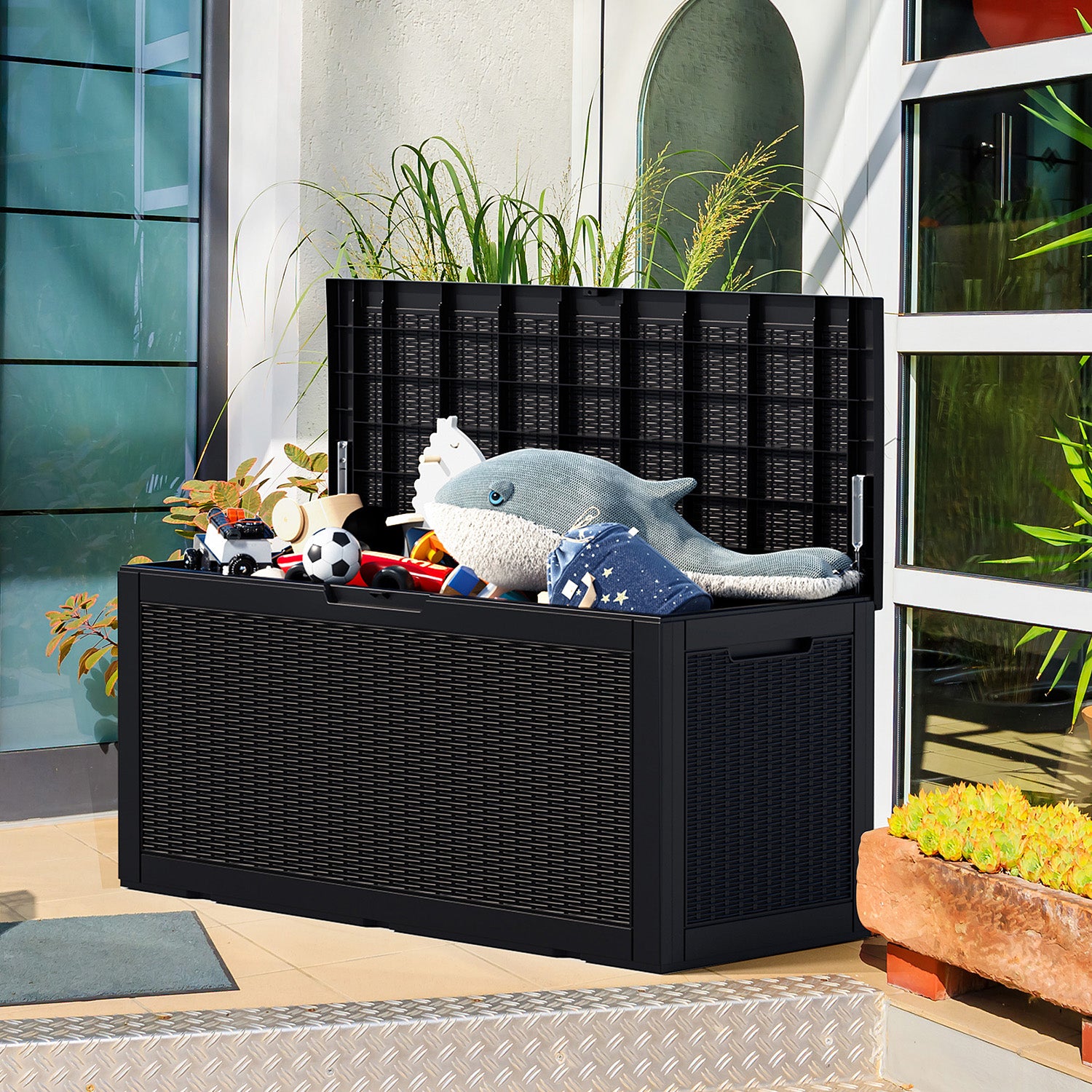 VBAL 100 gallon recyclable eco-friendly resin + rattan material storage Deck Box