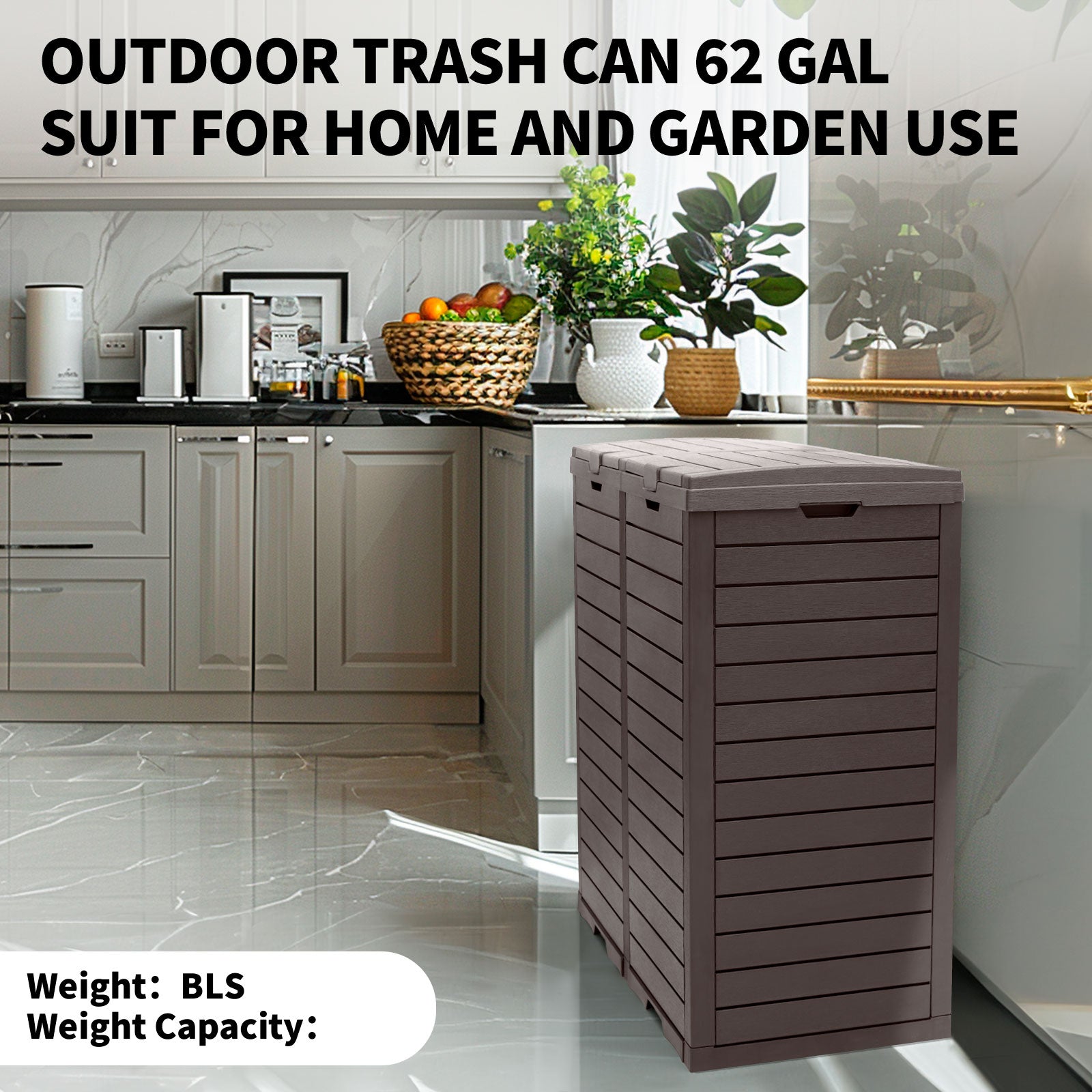 VBAL 62 Gallon Outdoor Trash Can,Waterproof Garbage Can with Tiered Lid and Drip Tray,Resin Outside Trash Bin for Patio,Backyard,Deck