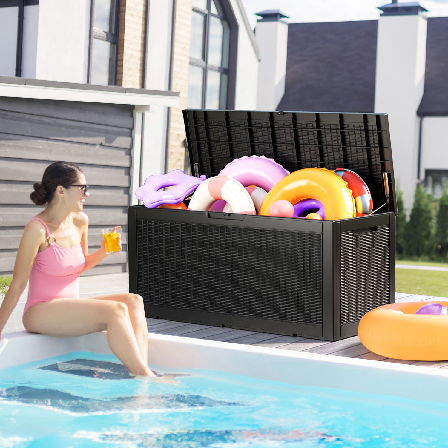 VBAL 100 gallon recyclable eco-friendly resin + rattan material storage Deck Box